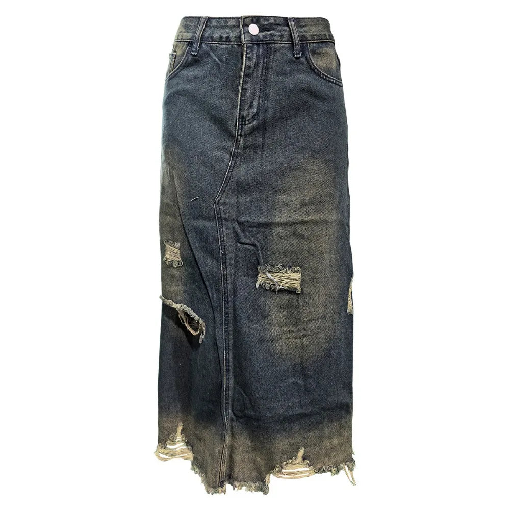FZ Women's Fashion Retro Pocket Straight High Waisted Button Hole Distress Denim Skirt - FZwear
