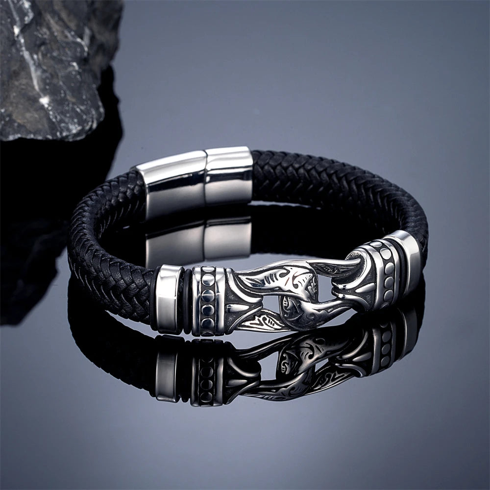 FZ Men's Leather Weaved Stainless Steel Infinity Viking Bracelet