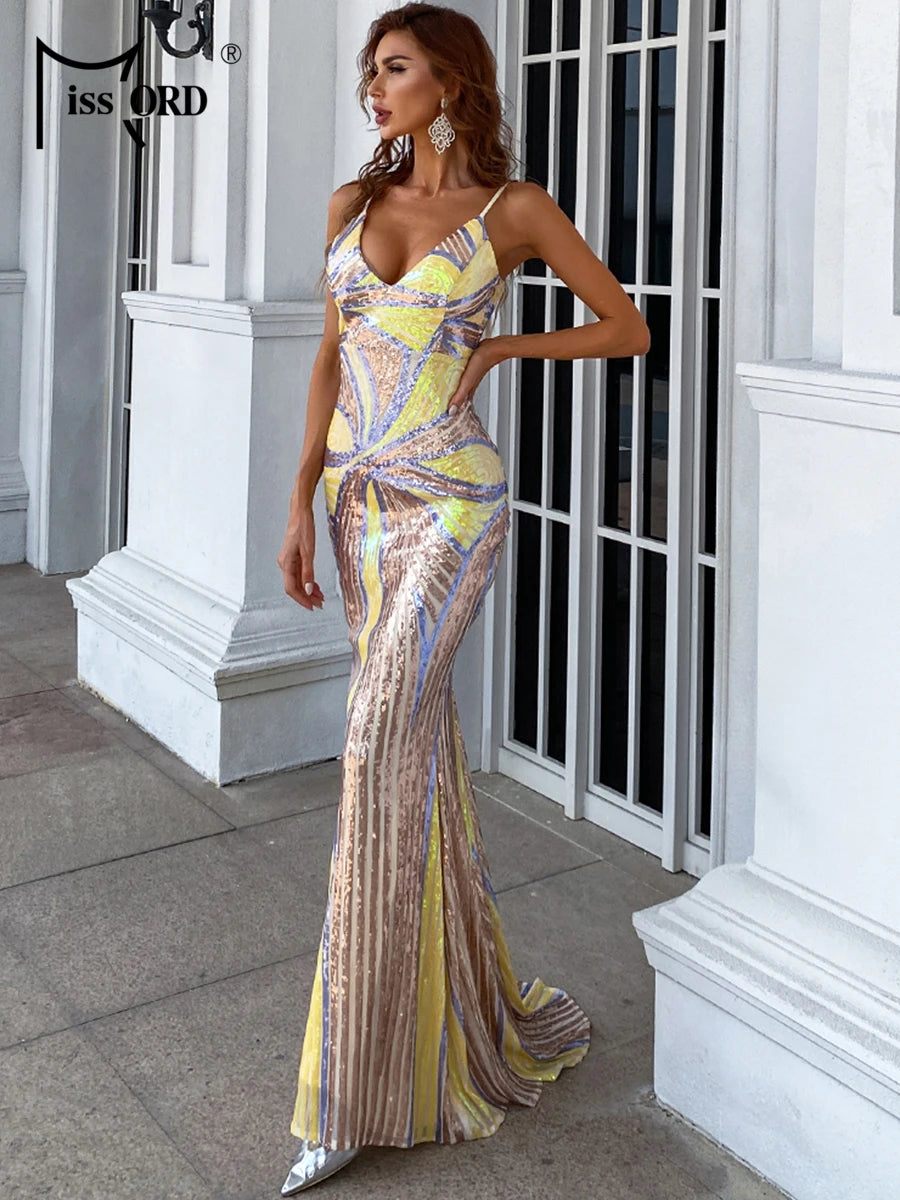 FZ Women's Printed Sequin Spaghetti Strap V Neck Maxi Mermaid Evening Dress