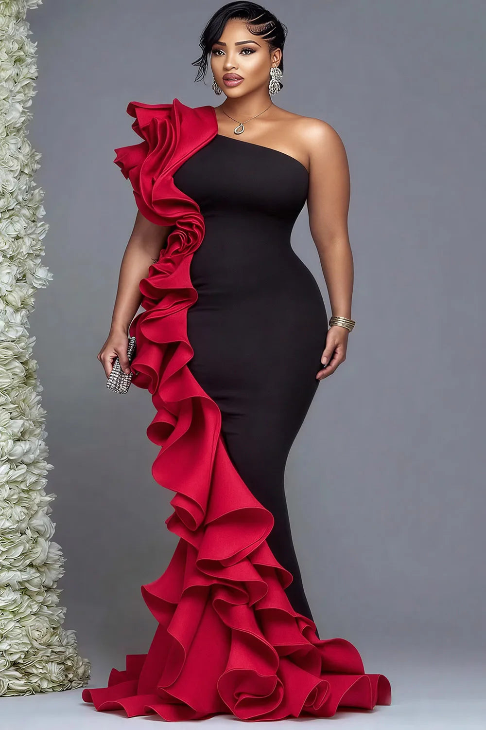 FZ Women's Plus Size Formal One Shoulder Ruffle Maxi Dress