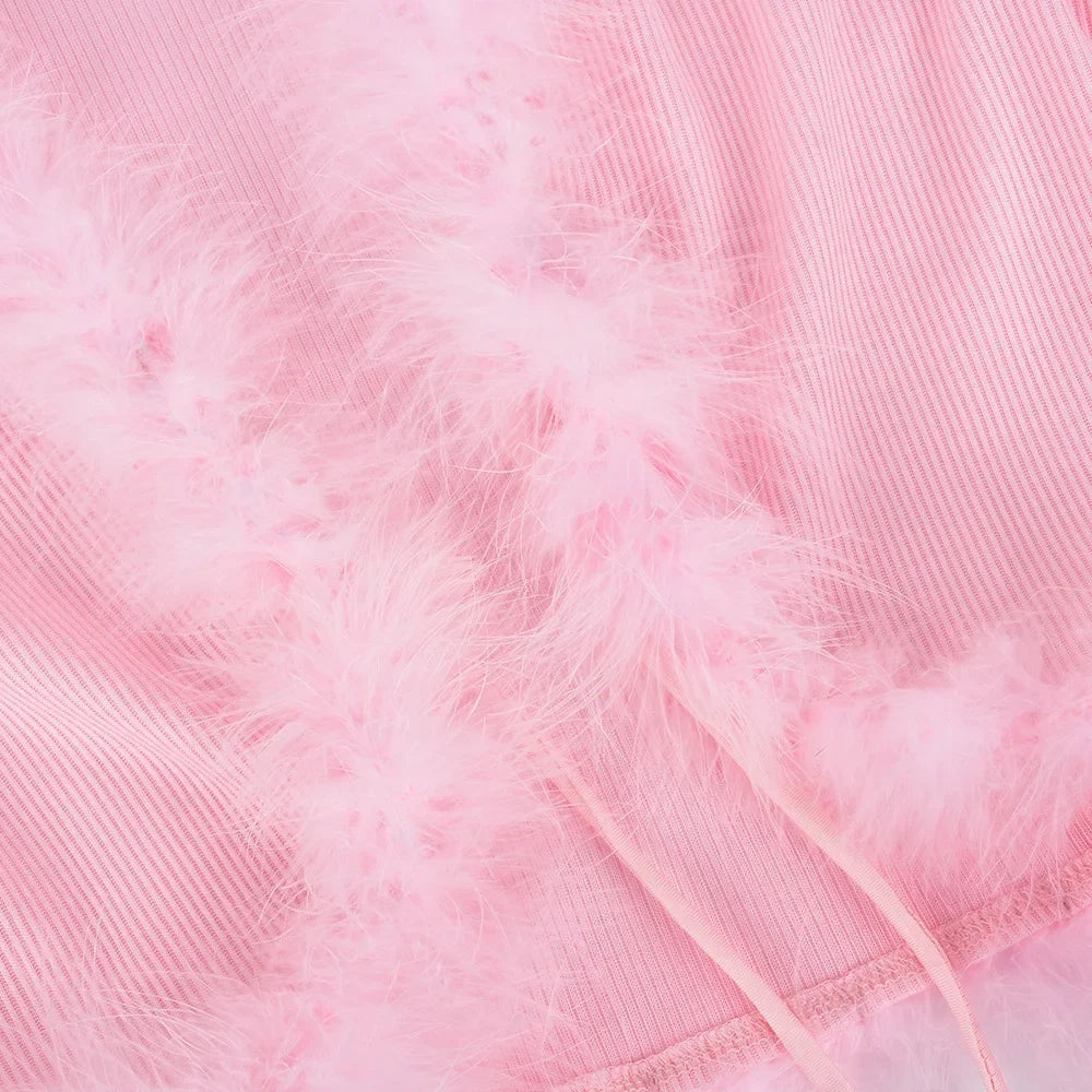FZ Women's Sexy Pink Fluffy Faux Fur Trim  Skirt Suit - FZwear