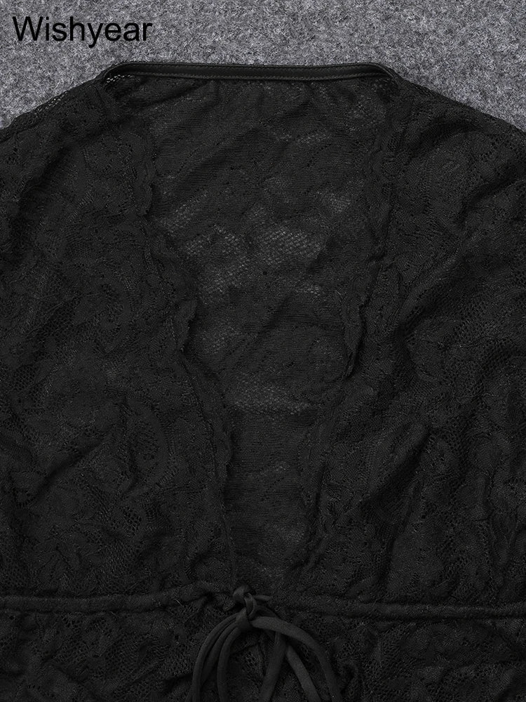 FZ Women's Black Lace Long Sleeve Stretch Flare Two Piece Pants Suit