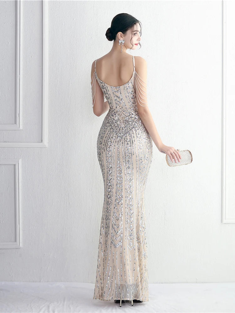 FZ Women's Sequin Long Strap Sleeveless V-neck Evening Dress