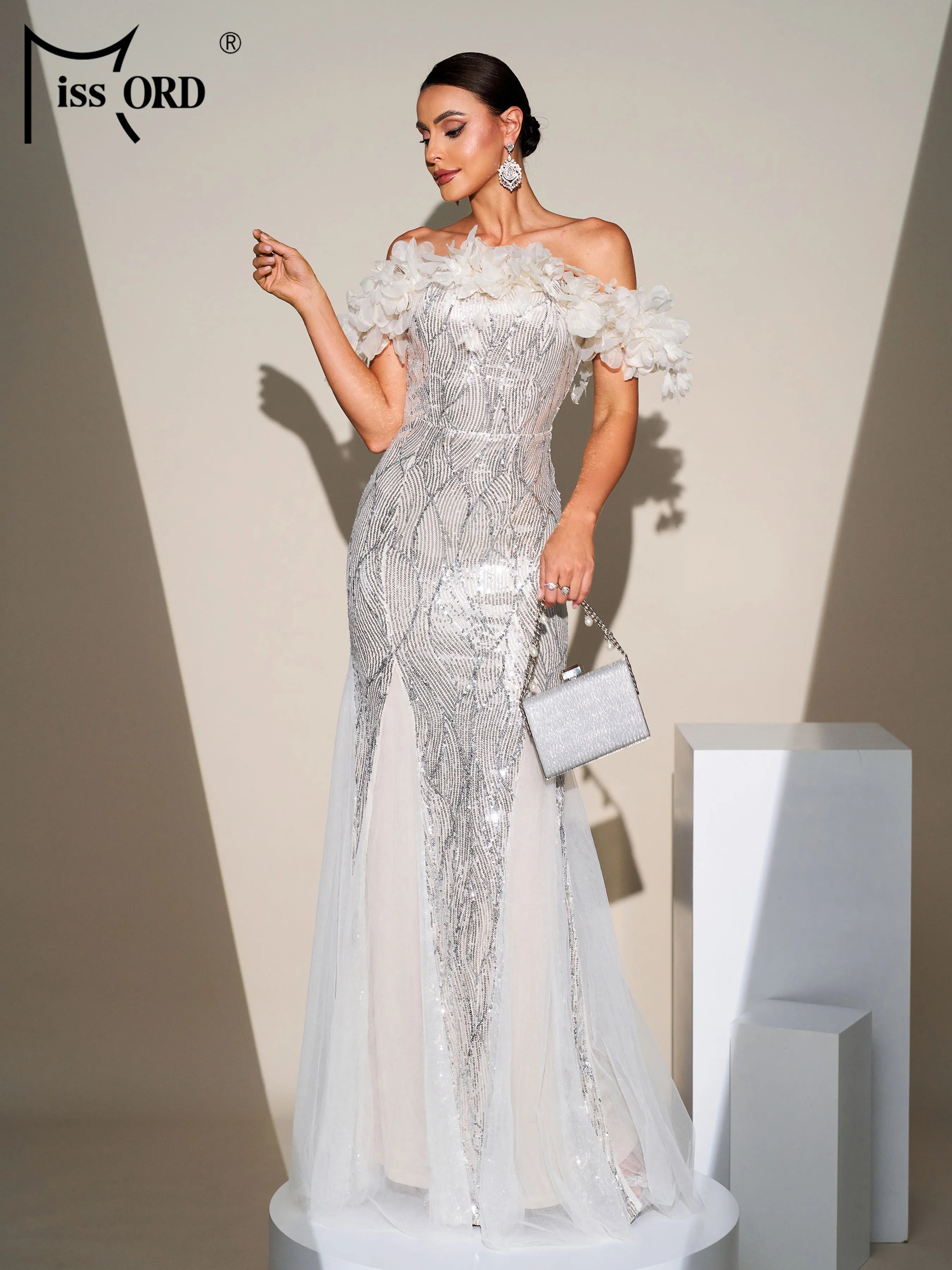 FZ Women's Off Shoulder Sequin Mermaid Evening Dress