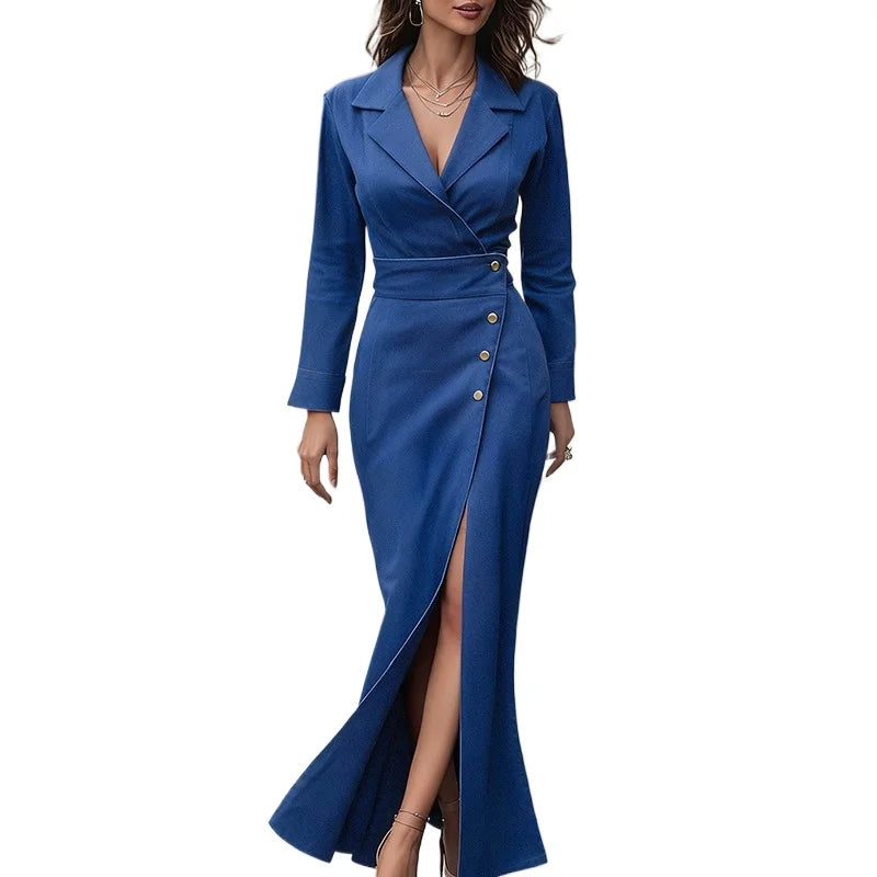 FZ Women's Gold Buttoned Sexy Split-joint Denim Dress