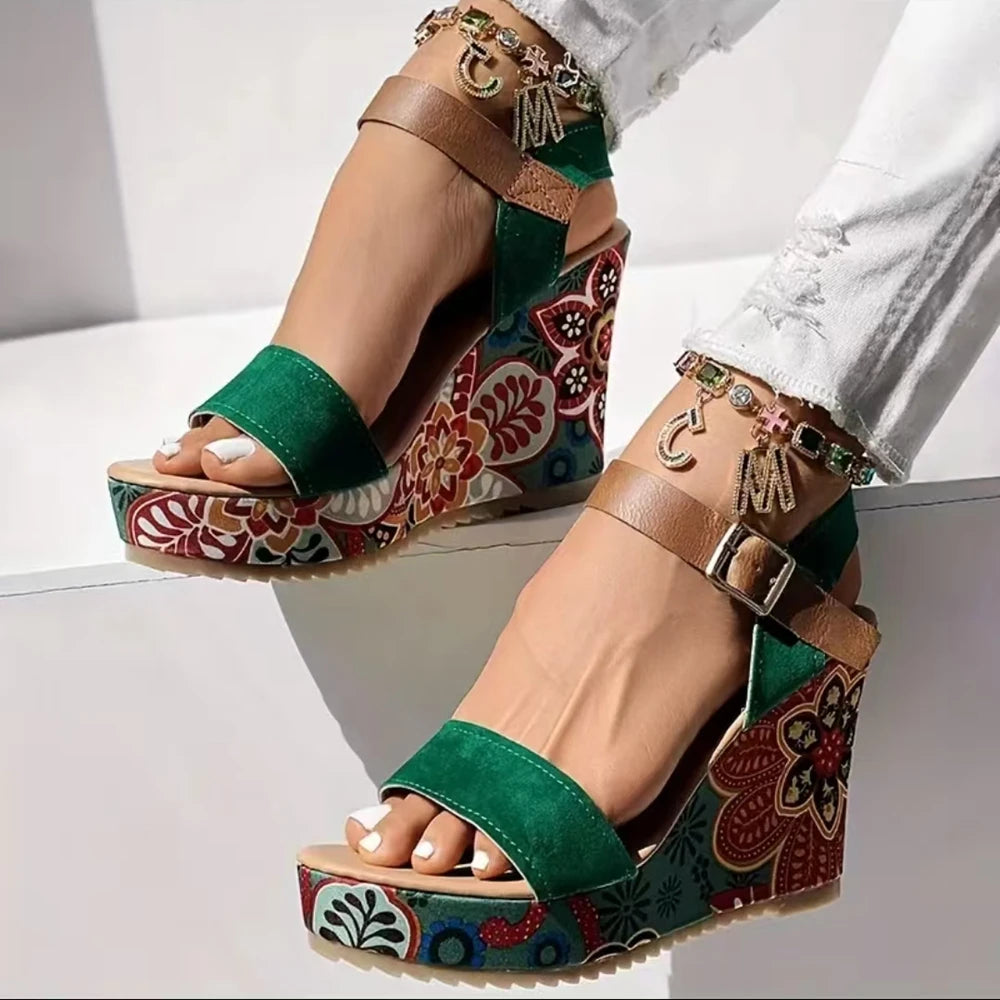FZ Women's Floral Print Suede Bohemian Wedge Sandals Shoes