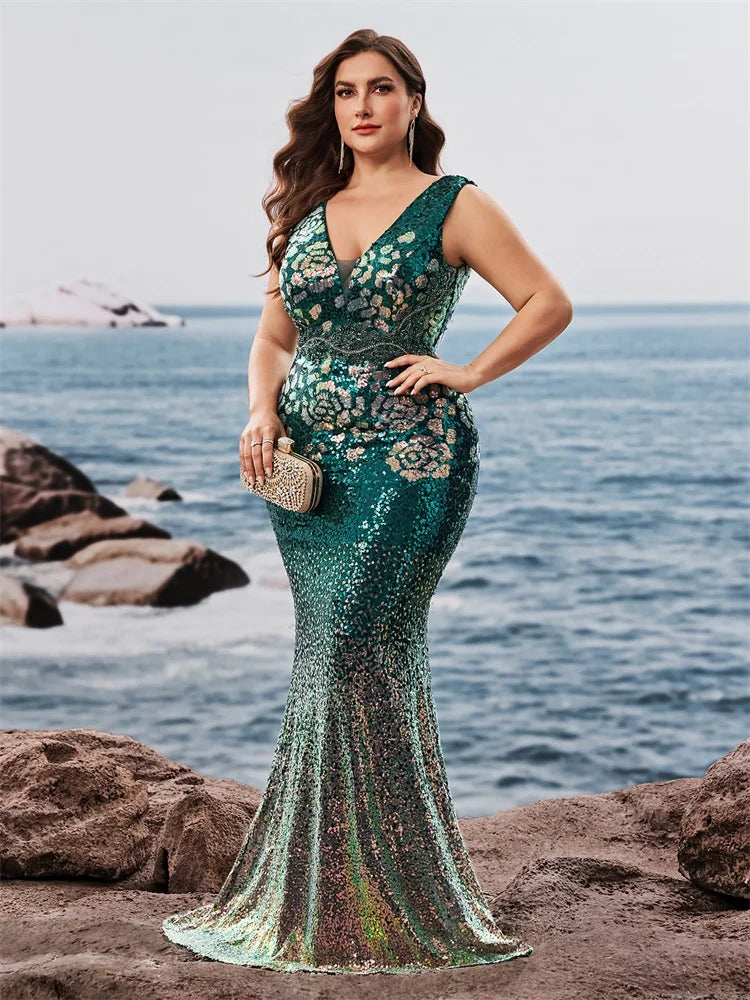 FZ Women's Plus Size V-Neck Mermaid Cocktail Sequins Evening Dress