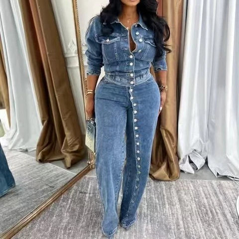 FZ Women's Solid Color Single Breasted Streetwear 2 Pieces Denim Pants Suit