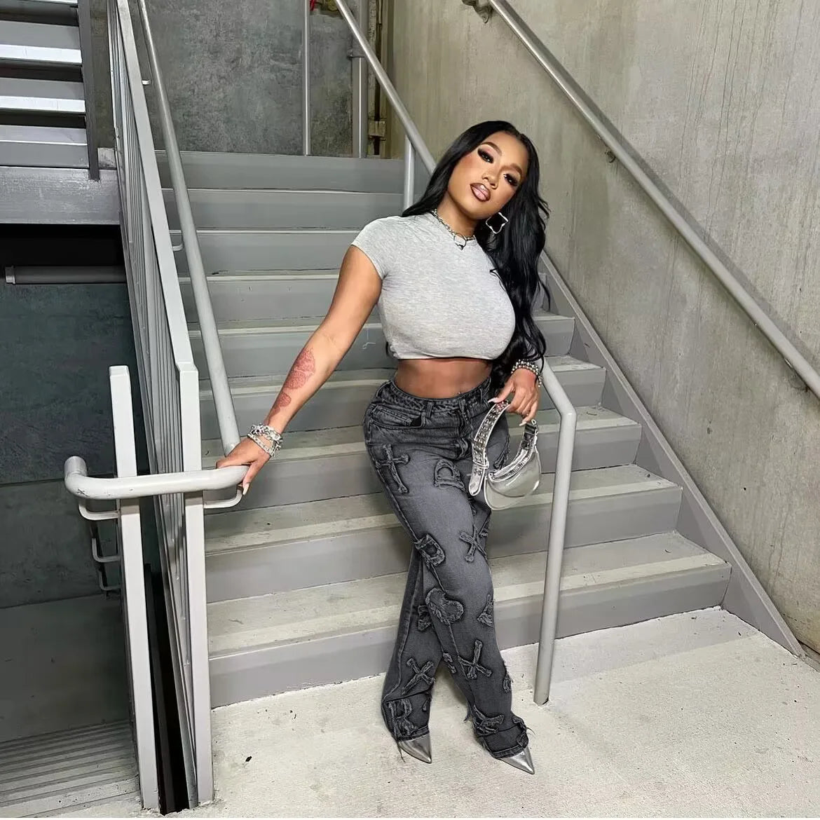 FZ Women's Vintage Letter Cargo High Waist Stretch Denim Pants - FZwear