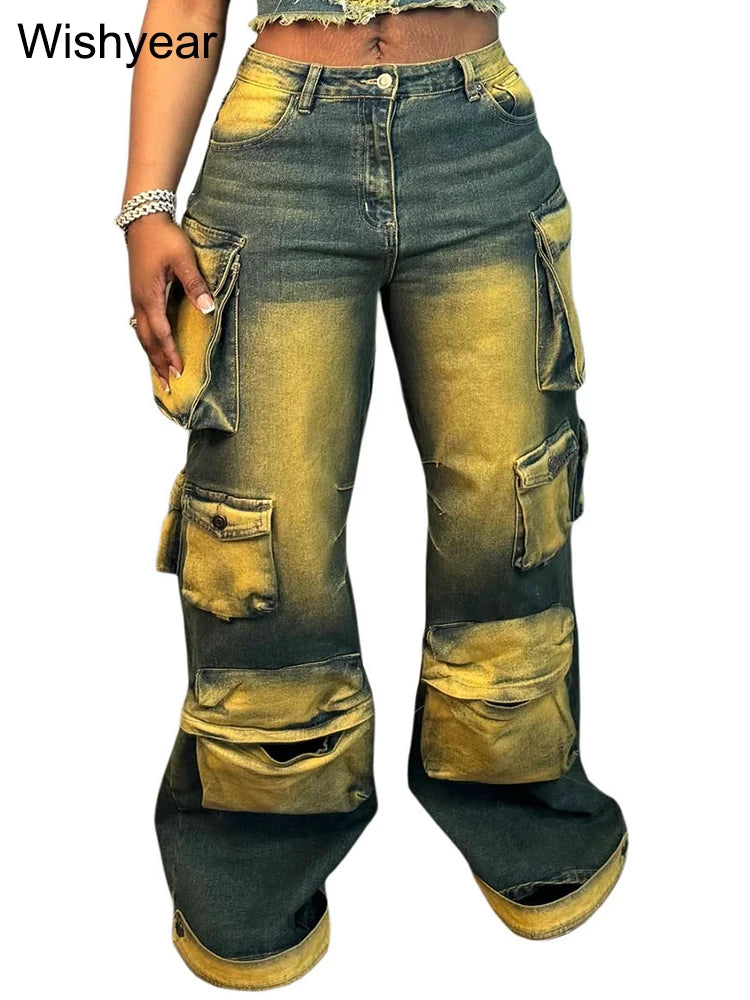 FZ Women's Retro Fashion Tie-dye Wide Leg Washed Mid Waist Denim Pants