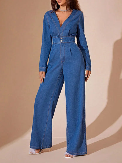 Benuynffy Sexy Deep V-Neck Denim Jumpsuit Women's Autumn High Waist Long Sleeve Office Ladies Party Wide Leg jumpsuits 2024 New FZwear