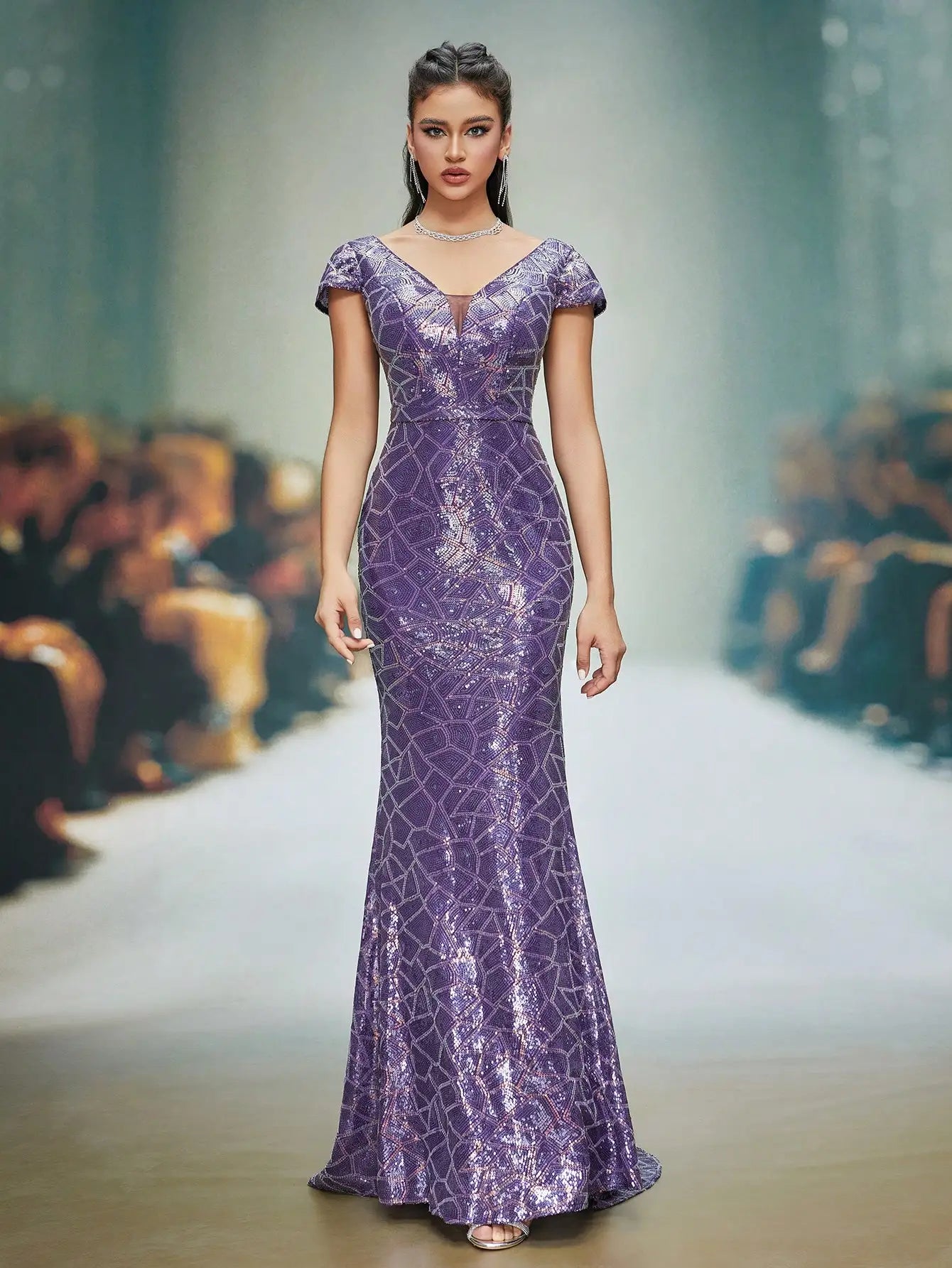 FZ Women's Embroidered Sequins Strapless Sleeves Evening Dress