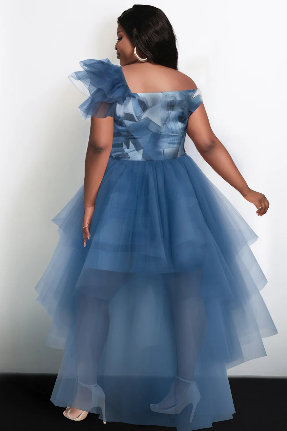 FZ Women's Plus Size Denim Print Asymmetrical Collar High Low Hem Mini Dress