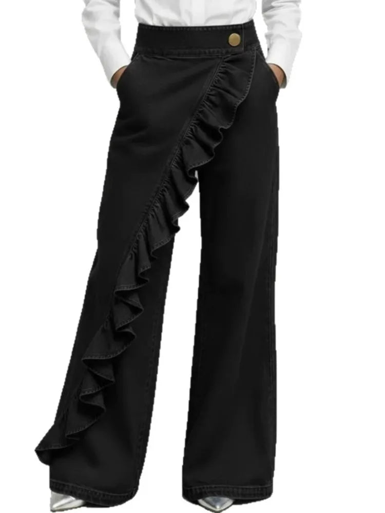 FZ Women's Loose Irregular Splicing High Waisted A-line Wide Leg Denim Pants
