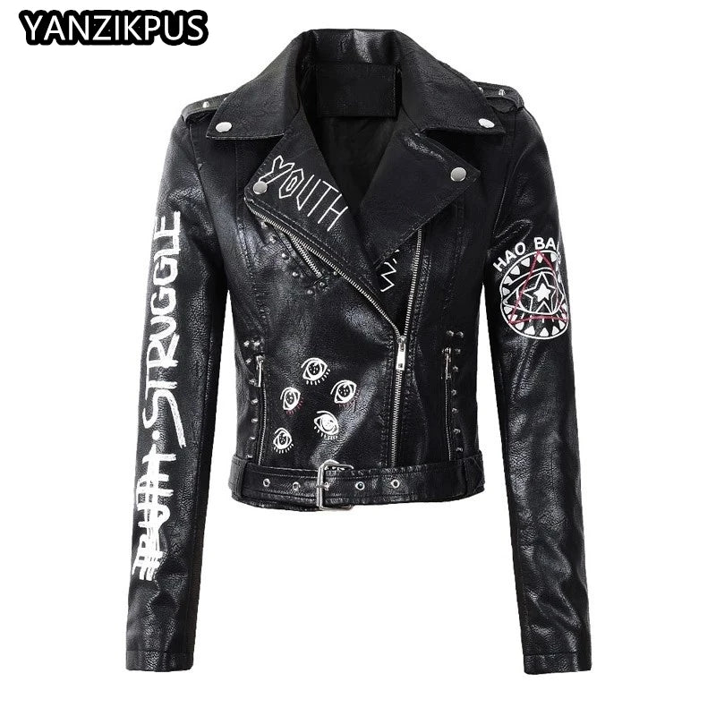 FZ Women's PU Rivet Zipper Shoulder Badge, Motorcycle Punk Jacket