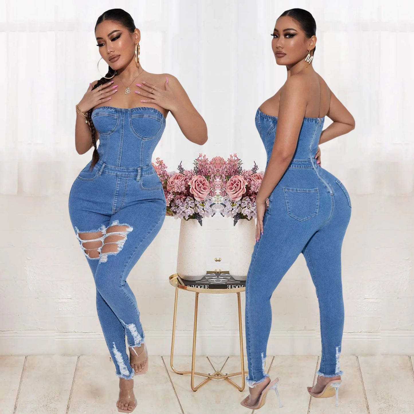 Summer Sexy Ripped Denim Women Jumpsuits Casual Vintage Strapless Stretchy Pants One Piece Streetwear Rompers Jean Playsuits FZwear