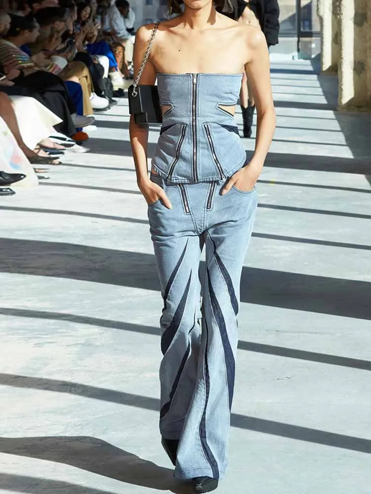 FZ Women's Slim Strapless Backless Hollow Out Denim Pants Suit