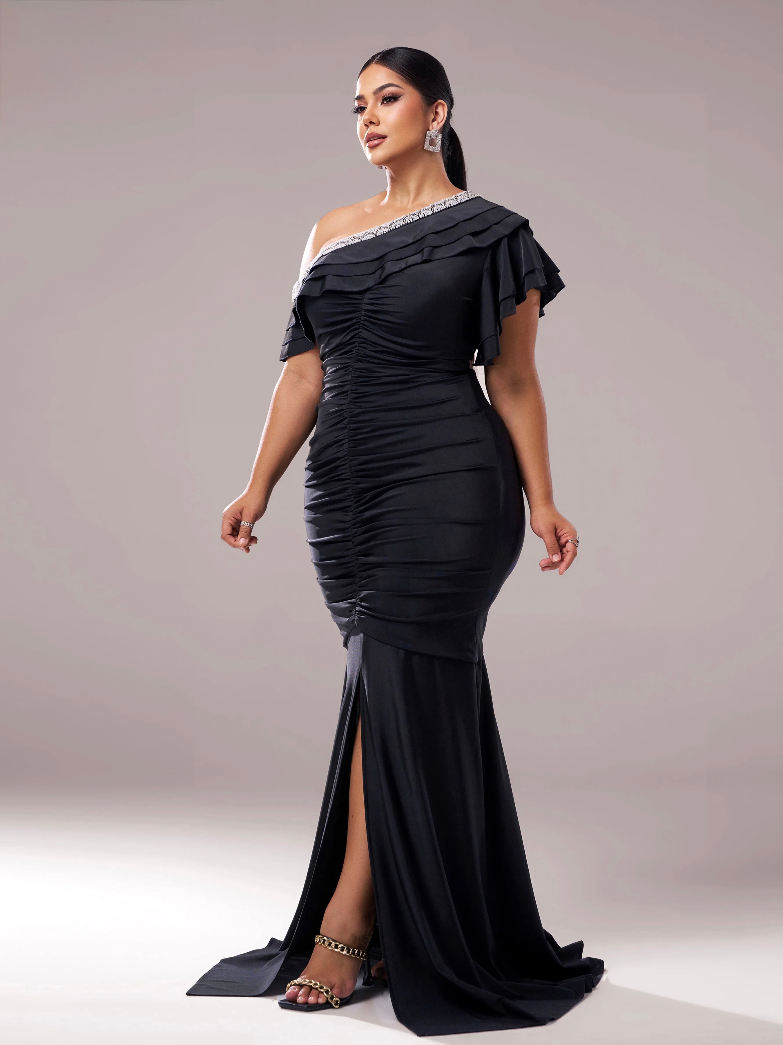 FZ Women's Plus Size One Shoulder Ruched Maxi Evening Dress