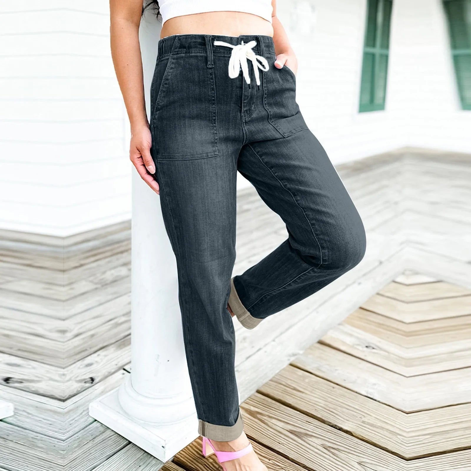 FZ Women's Casual Stretch Drawstring Elastic Waist Straight Denim Pants - FZwear