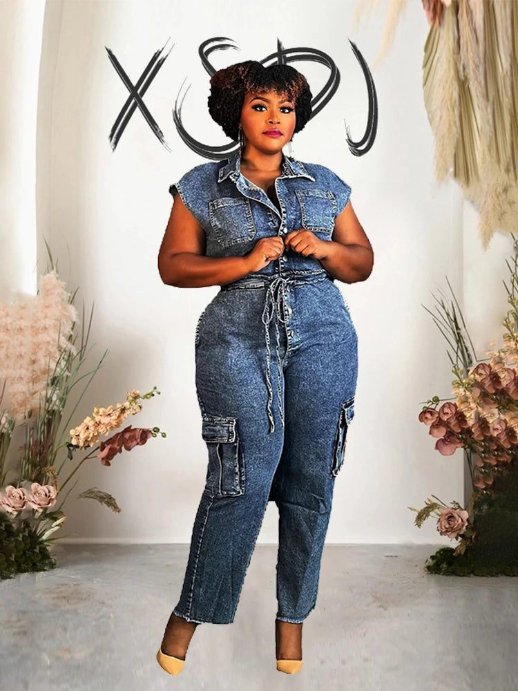 FZ Women's Elastic Waist One Piece Sleeveless Denim Jumpsuit
