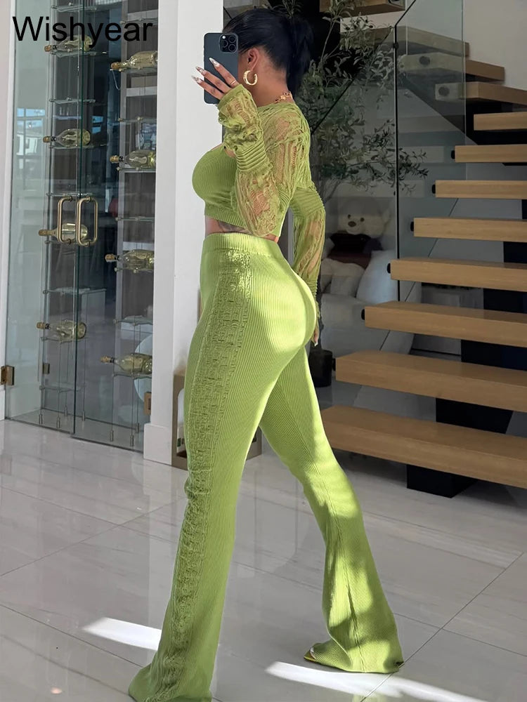 FZ Women's Hollow Out Skinny Long Sleeve Streetwear Knitted 3 Piece Pants Suits