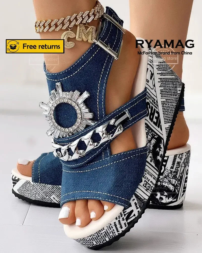 FZ Women's Newspaper Pattern Slingback Platform Wedges Sandal Shoes