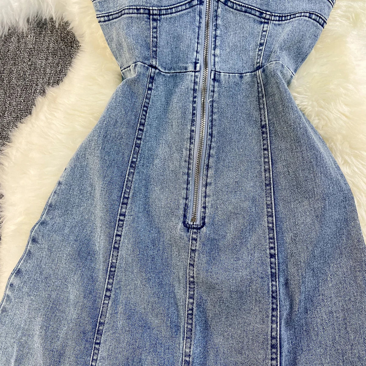FZ Women's A Line Slim Fit Sleeveless Streetwear Long Denim Dress