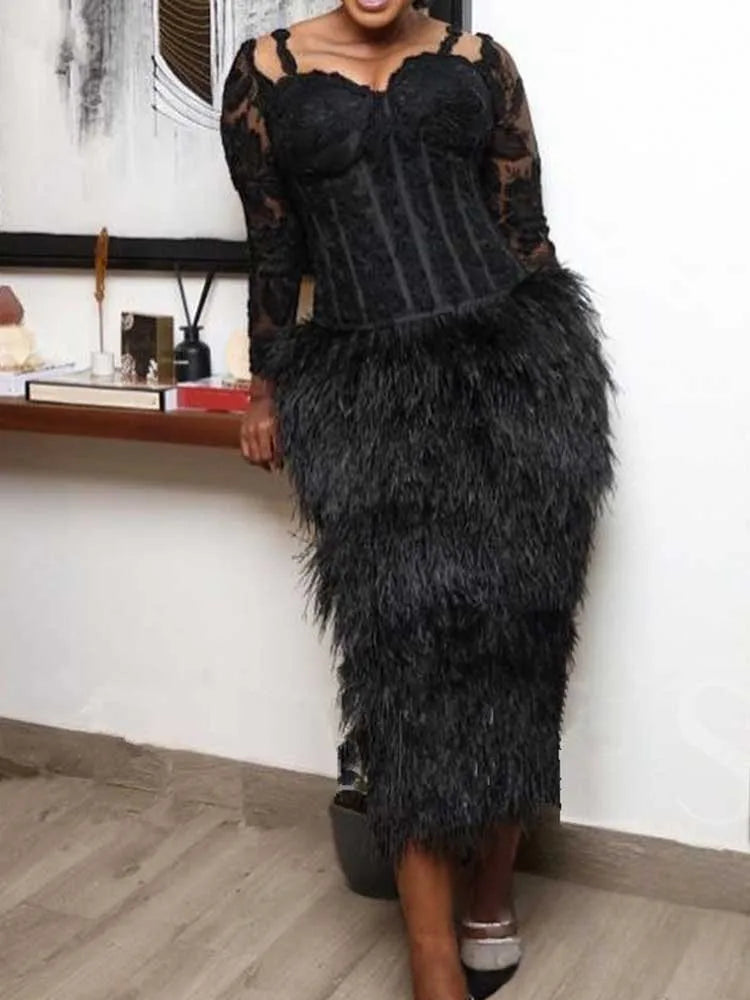 FZ Women's Long Lace Sleeves Strapless with Tassels Dress