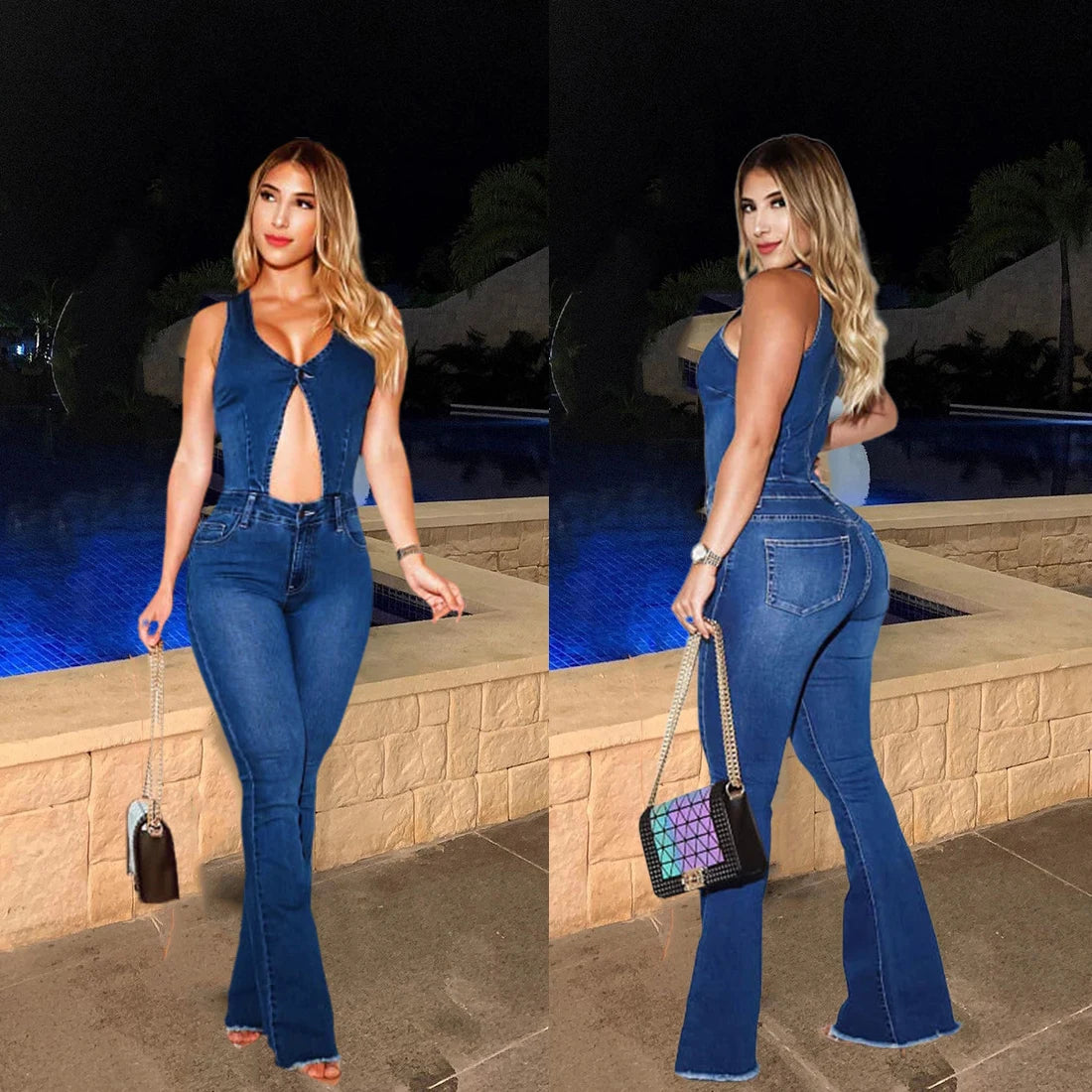 Denim Jumpsuit Sexy 2023 Women Fashion Summer Romper Y2K Streetwear Outfit Bodycon One Piece Jean Sleeveless Jumpsuit Bodysuit FZwear