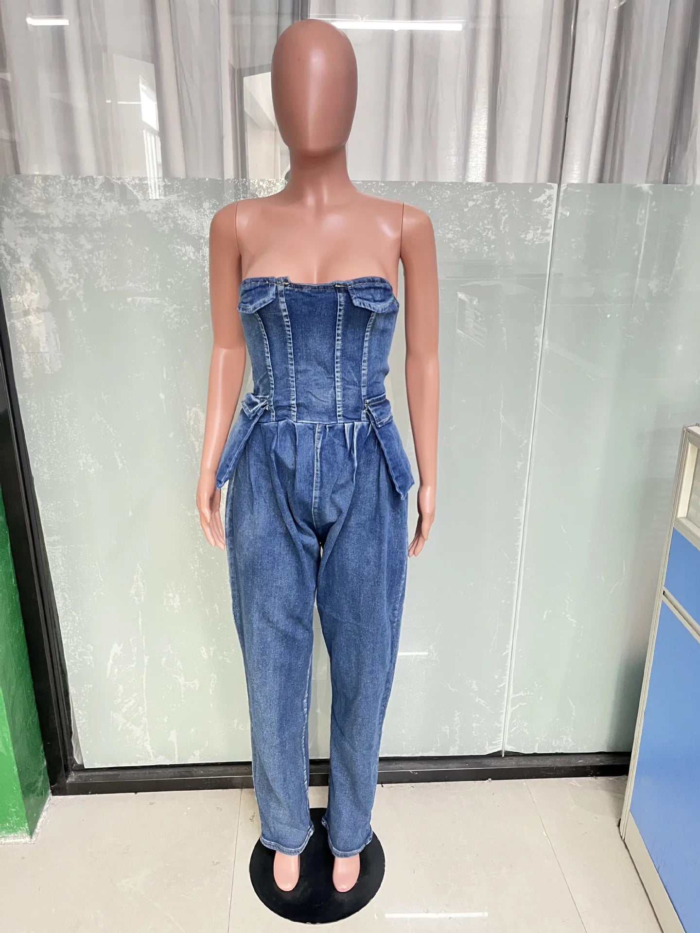 FZ Women's Multi Pockets Strapless Elegant Denim Jumpsuit