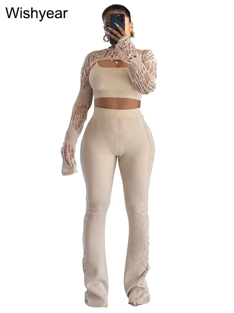 FZ Women's Hollow Out Skinny Long Sleeve Streetwear Knitted 3 Piece Pants Suits