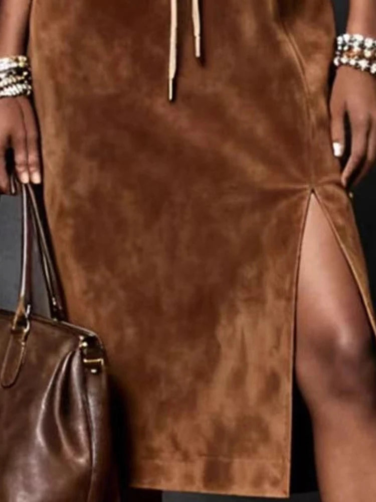 FZ Women's Suede Velvet Drawstring Solid Vintage  Split Hem Midi Dress