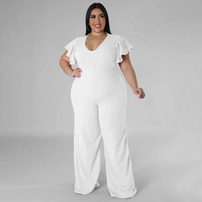 FZ Women's Plus Size V-neck Ruffles Sleeve High Waist Wide Leg Straight Jumpsuit