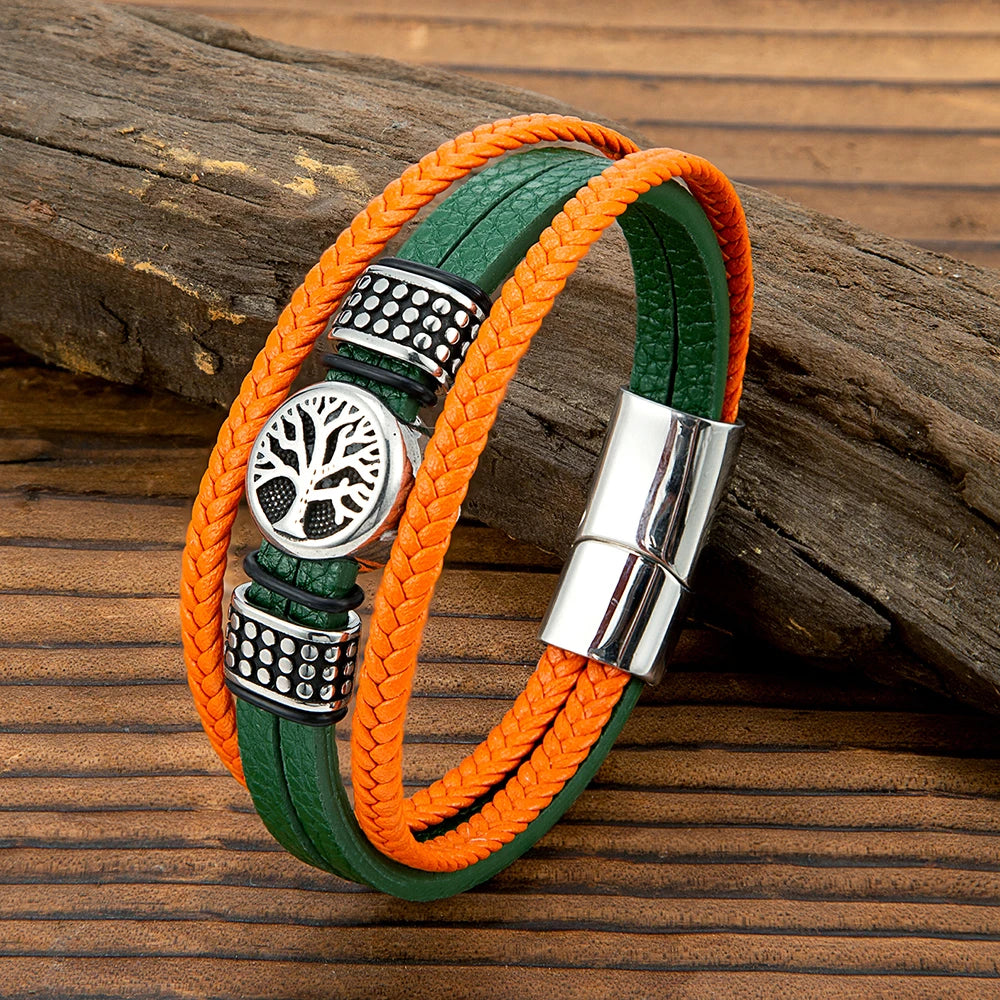 FZ Punk Style Stainless Steel Tree of Life Braided Multilayer Leather Bracelet