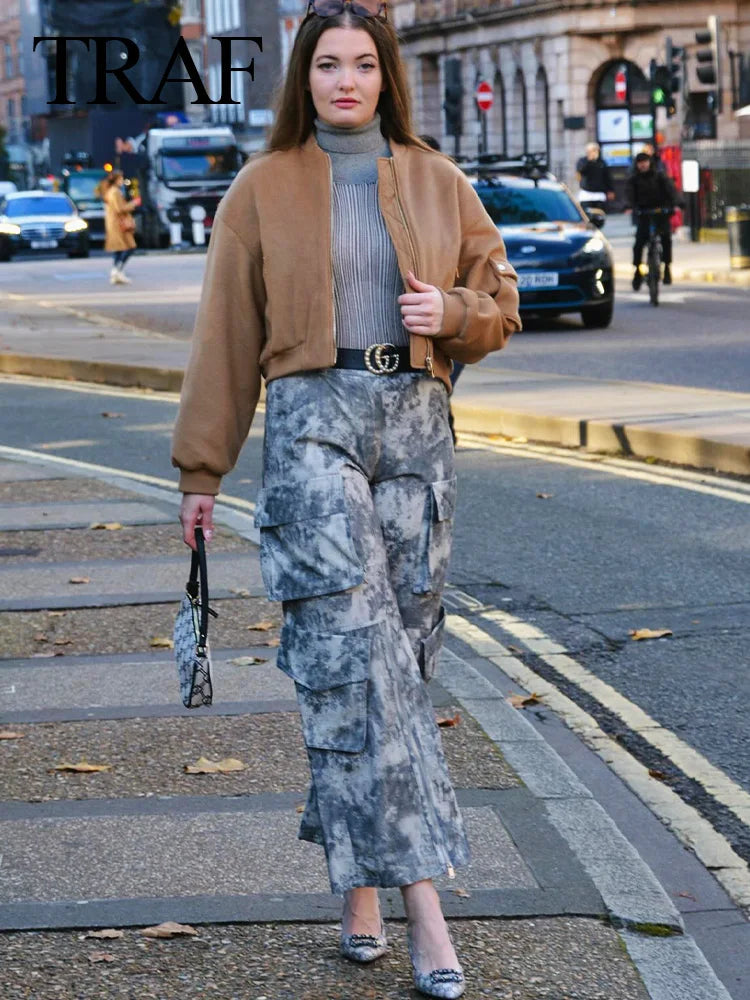 FZ Women's Vintage Fashion Grey Print High Waist Casual Cargo Pants - FZwear