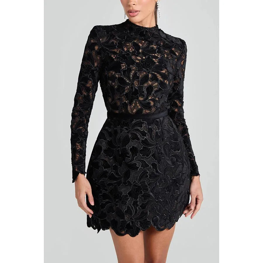 FZ Women's Round Collar Hollow Out Belt Tight Waist Meshed Dress