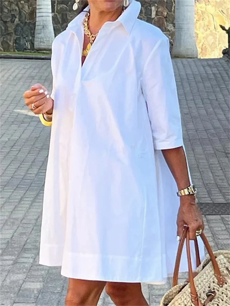 FZ Women's Solid Color Lapel Half Sleeves Loose Casual Mini Dress