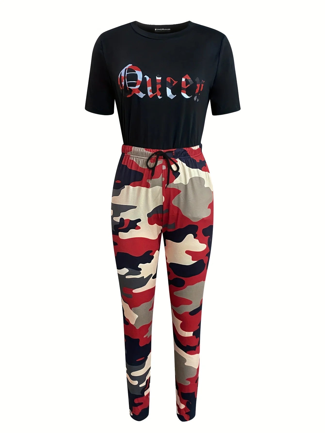 FZ Women's Pattern Camo Letter Printing Skinny Two-Piece Pants Suit - FZwear