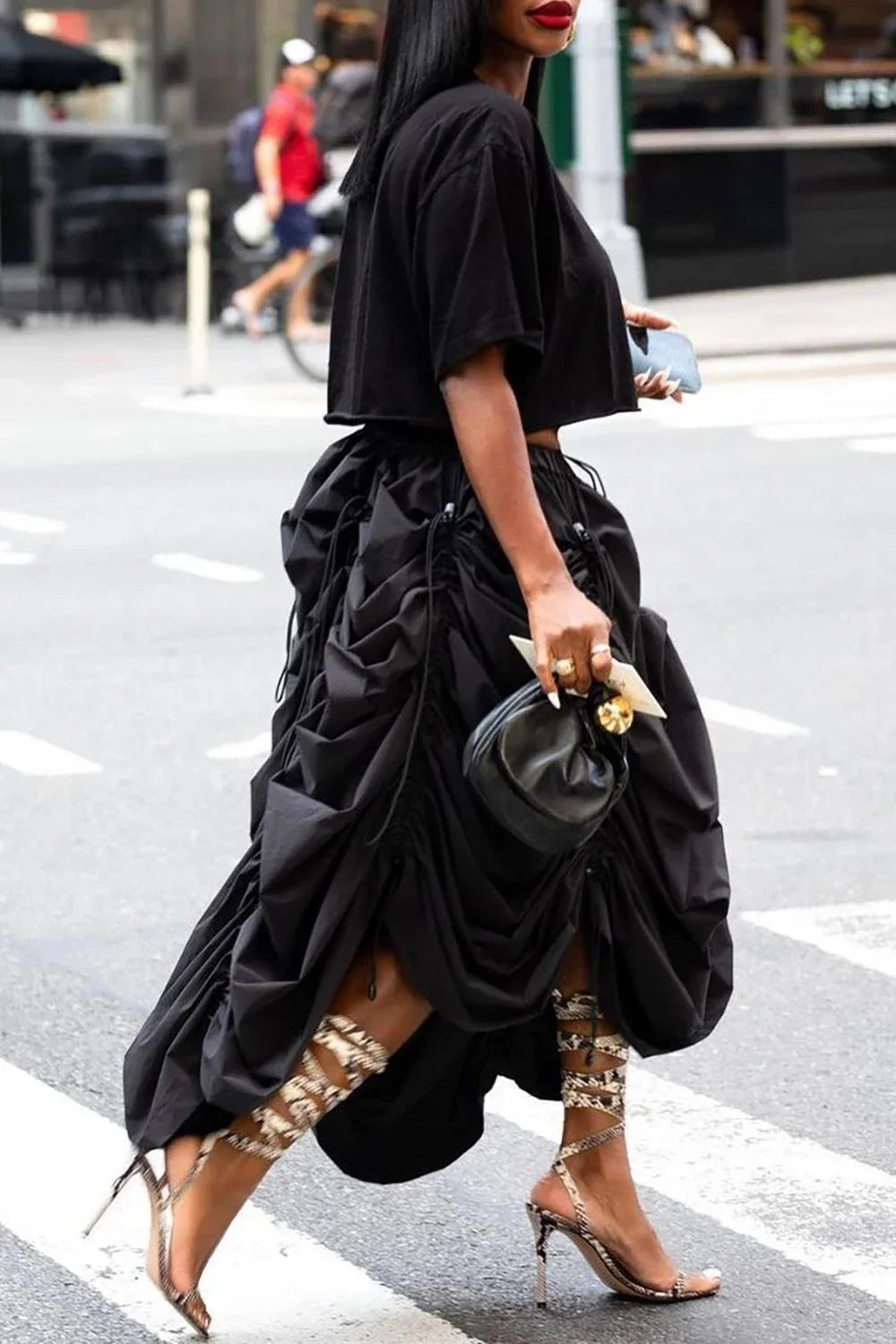 FZ Women's Fold Ruched Vintage Drawstring High Waist Two Piece Skirt Suit