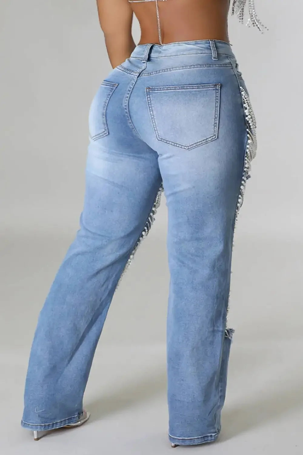 Plus Size Women Holes Pearls Jeans Casual Vintage Cutout High Waist Y2K High Street Denim Pants Pockets Slim Denim Trousers FZwear