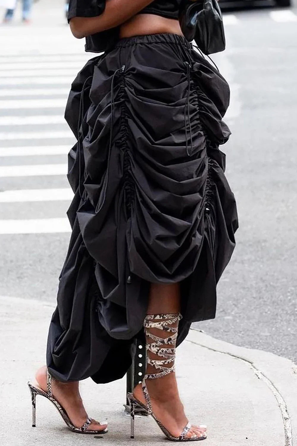 FZ Women's Fold Ruched Vintage Drawstring High Waist Two Piece Skirt Suit