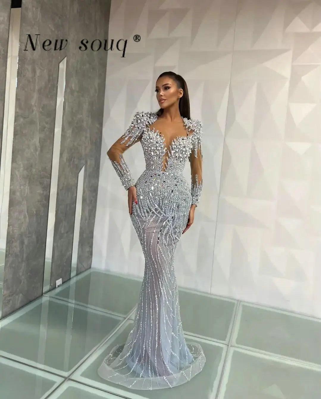 FZ Women's Arabic Silver Beaded Mirror Crystals Elegant Evening Dress - FZwear