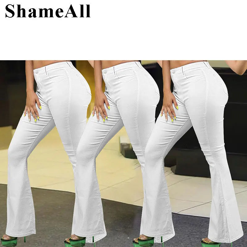 Plus Size Loose Comfortabl White Flare Jeans 3XL Streetwear Women High Waist Stretchy Grunge Denim Pants Wide Leg Bell Bottoms FZwear