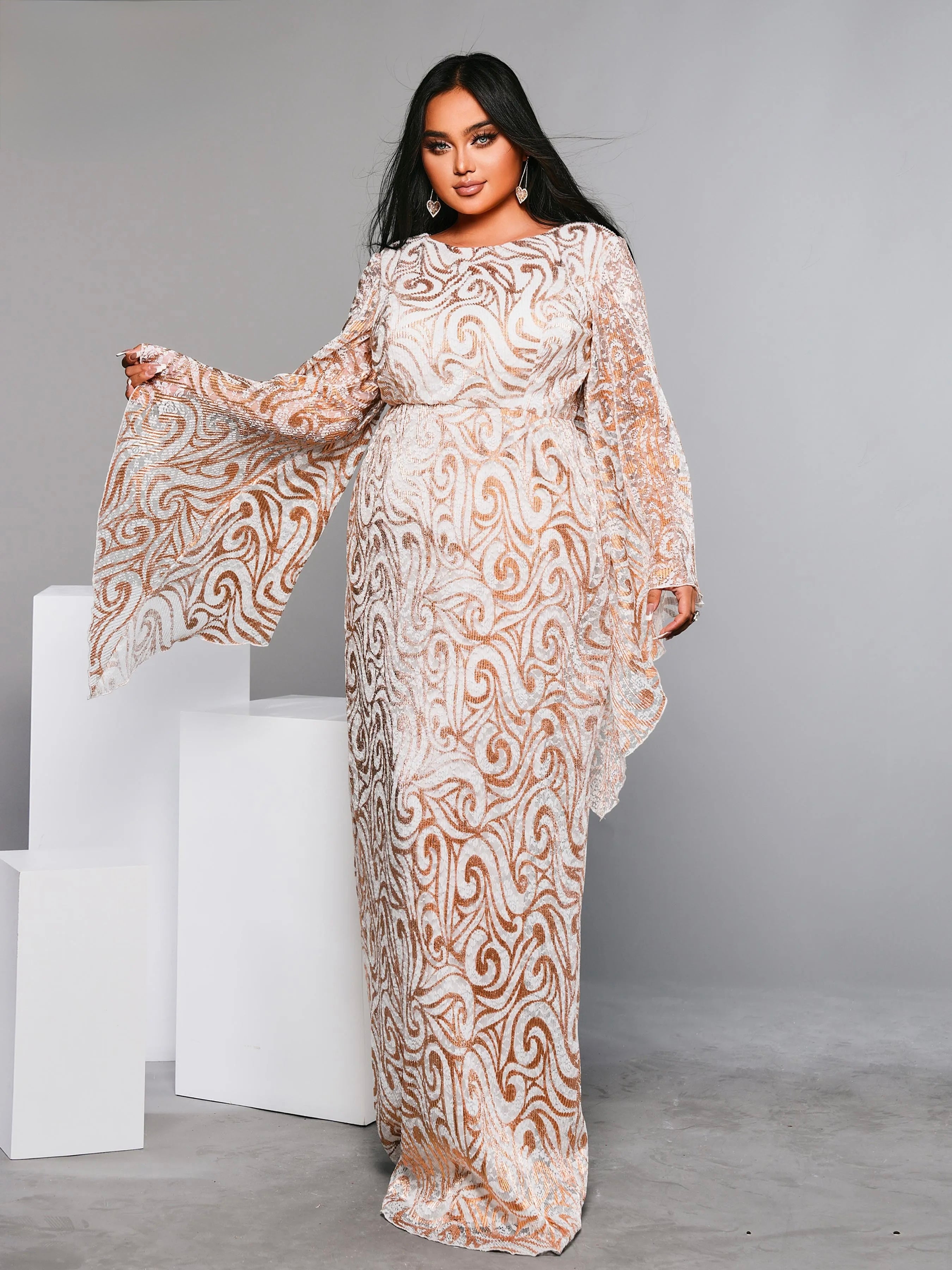 FZ Women's Plus Size Round Neck Flare Sleeve Geometric Sequin Evening Dress