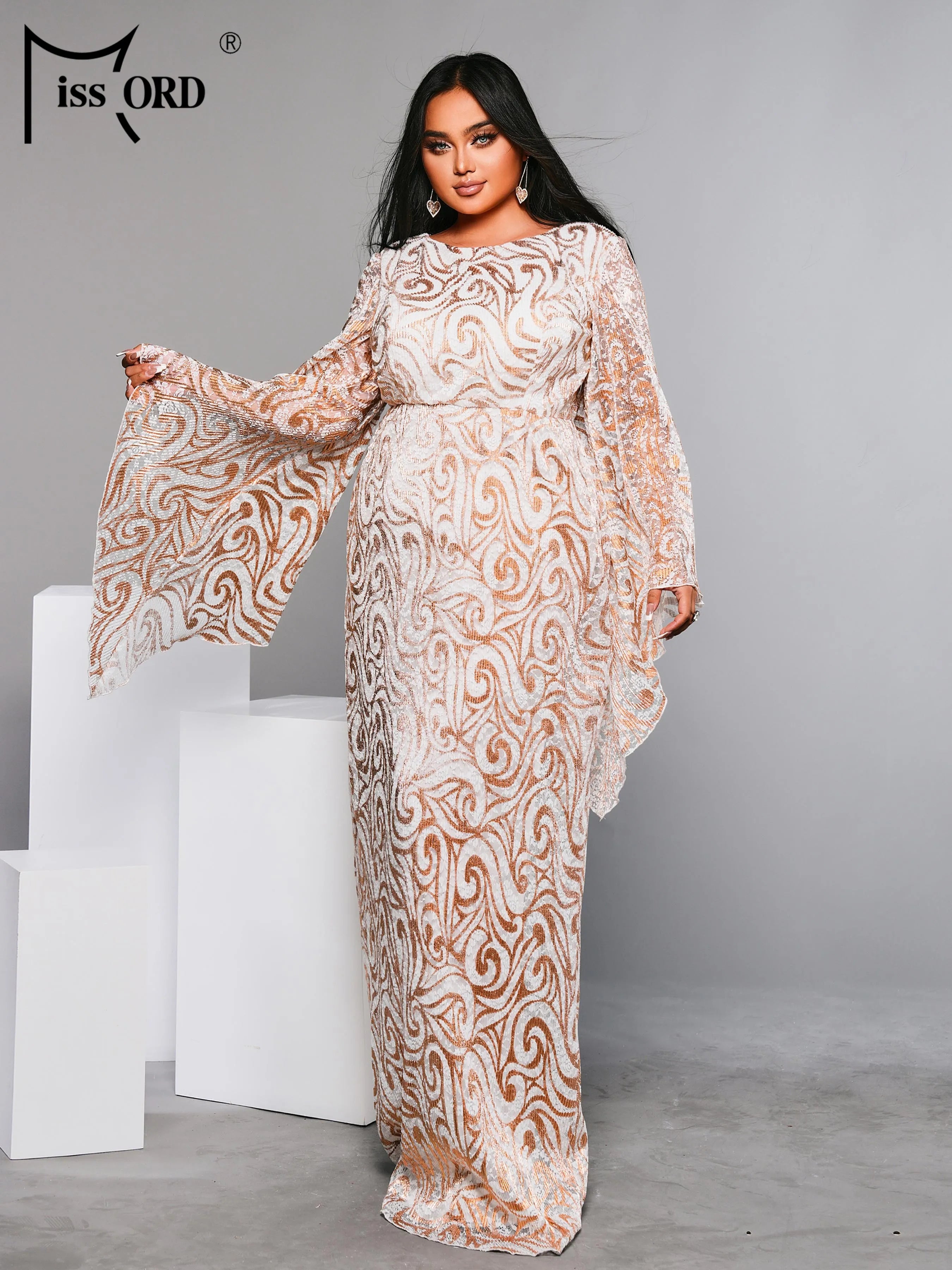 FZ Women's Plus Size Round Neck Flare Sleeve Geometric Sequin Evening Dress