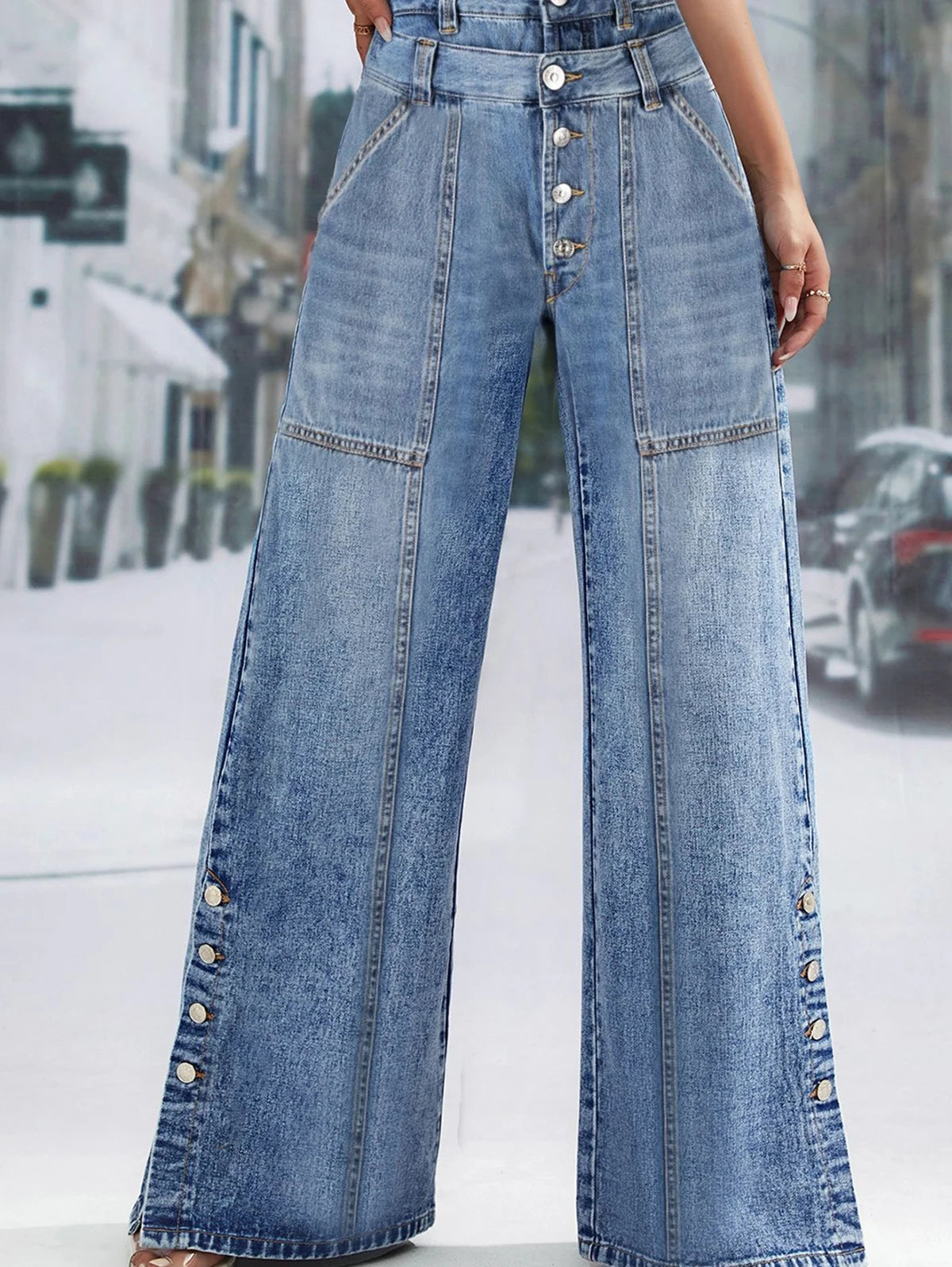 Women's Plus Size Jeans Pockets Denim Wide Leg Pants Button Vintage Streetwear Solid Casual Minimalist Jeans Trousers 2024 FZwear