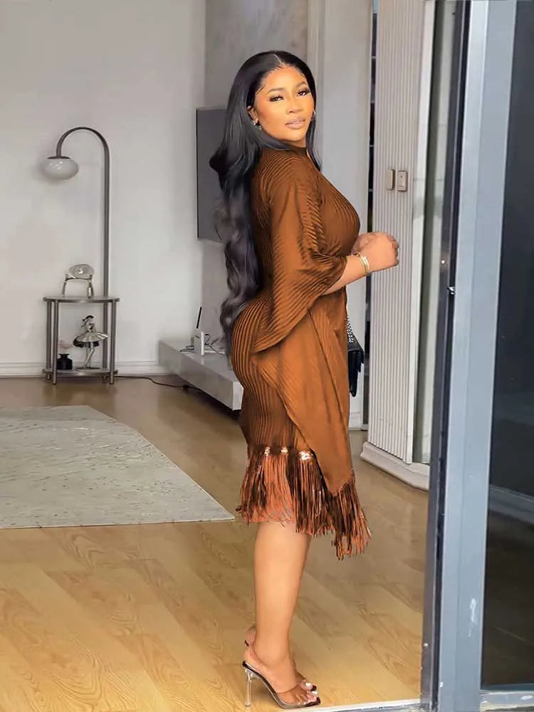 FZ Women's Tassel Sequin Stretchy Batwing Sleeves French Style Knitted Dress