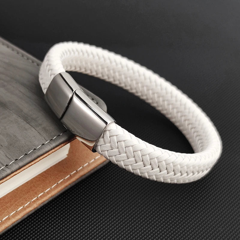 FZ Simple White Leather Braid Stainless Steel Buckle Clasps Bracelet - FZwear