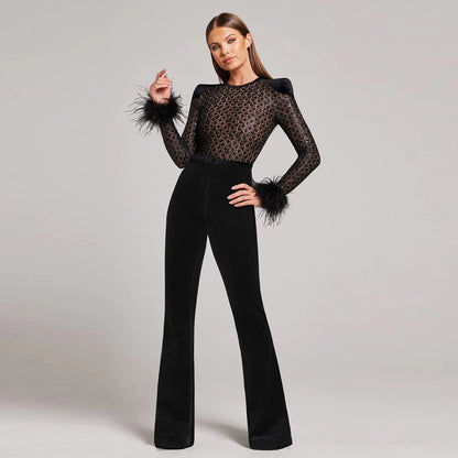 FZ Women's Long Sleeve Sexy Feathers Bandage Jumpsuit - FZwear