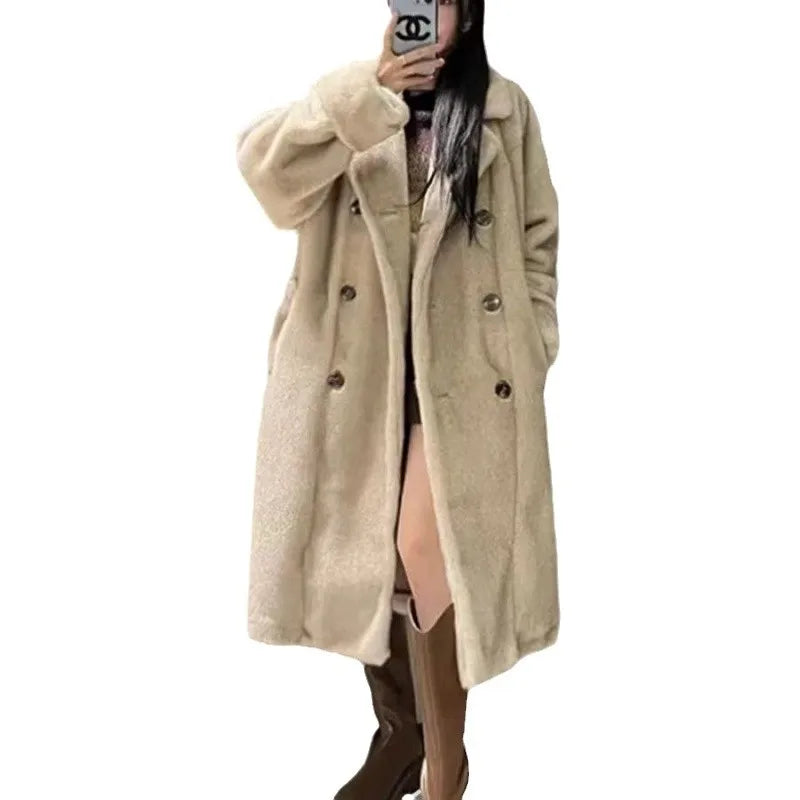 FZ Women's Faux Mink Long Sleeves Single Breasted Thick Loose Coat Jacket